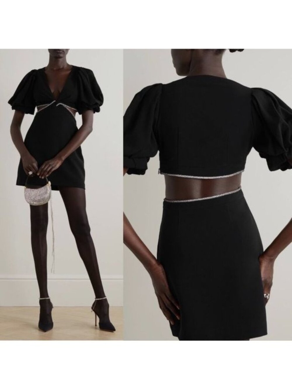 ALC Hazel Crystal Twist Cutout Mini Dress 12 Black Balloon Puff Sleeve Diamond